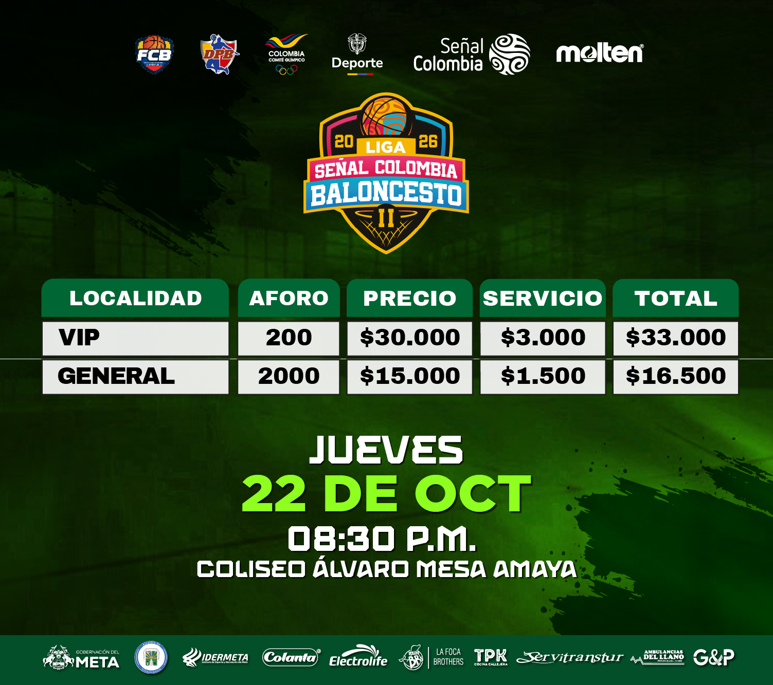 Tabla de precios Caimanes vs Piratas